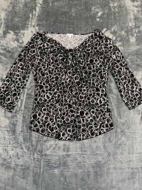 Nine West Black & White Circle Print 3/4 Sleeve Top Womens L